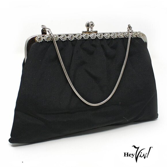 Vintage Black Faille Purse - Cocktail Evening Bag w Rhinestone Trim - Picture 1 of 5